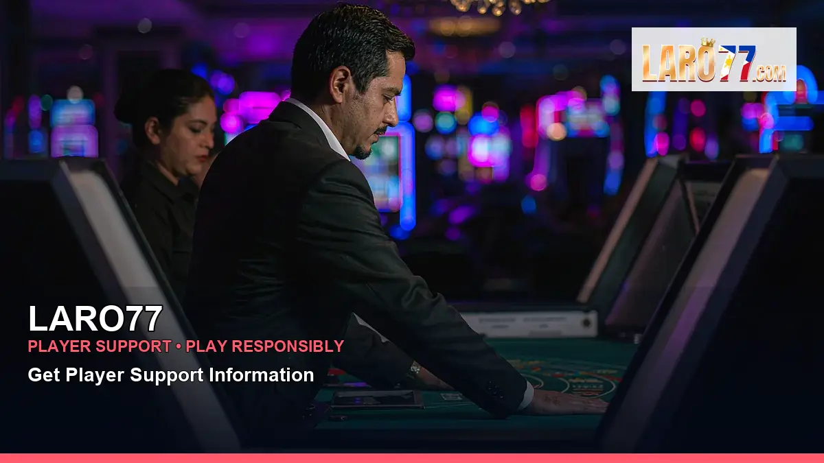 LARO77 live casino table games featuring an adult Filipina casino host with a right-framed composition