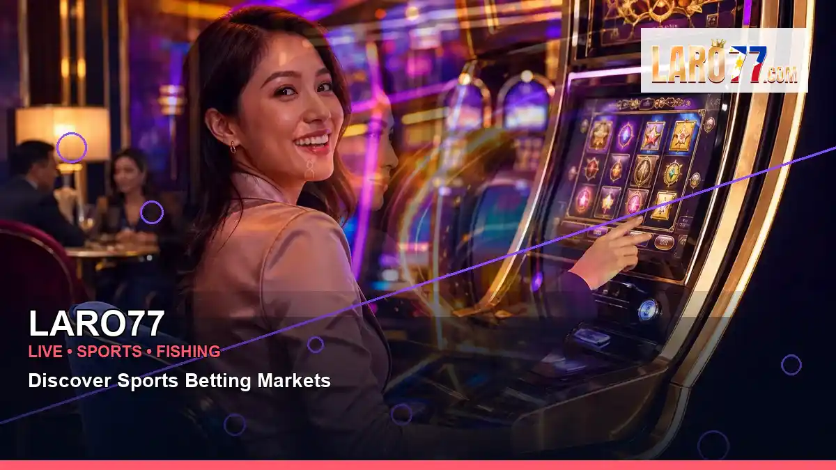 LARO77 burst free spins slot games featuring an adult Filipina casino host with a layered collage composition