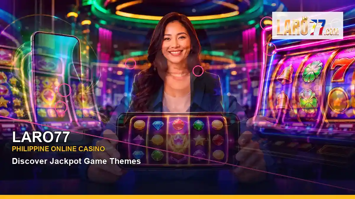 LARO77 party online slot games featuring an adult Filipina casino host with a centered composition — view 2